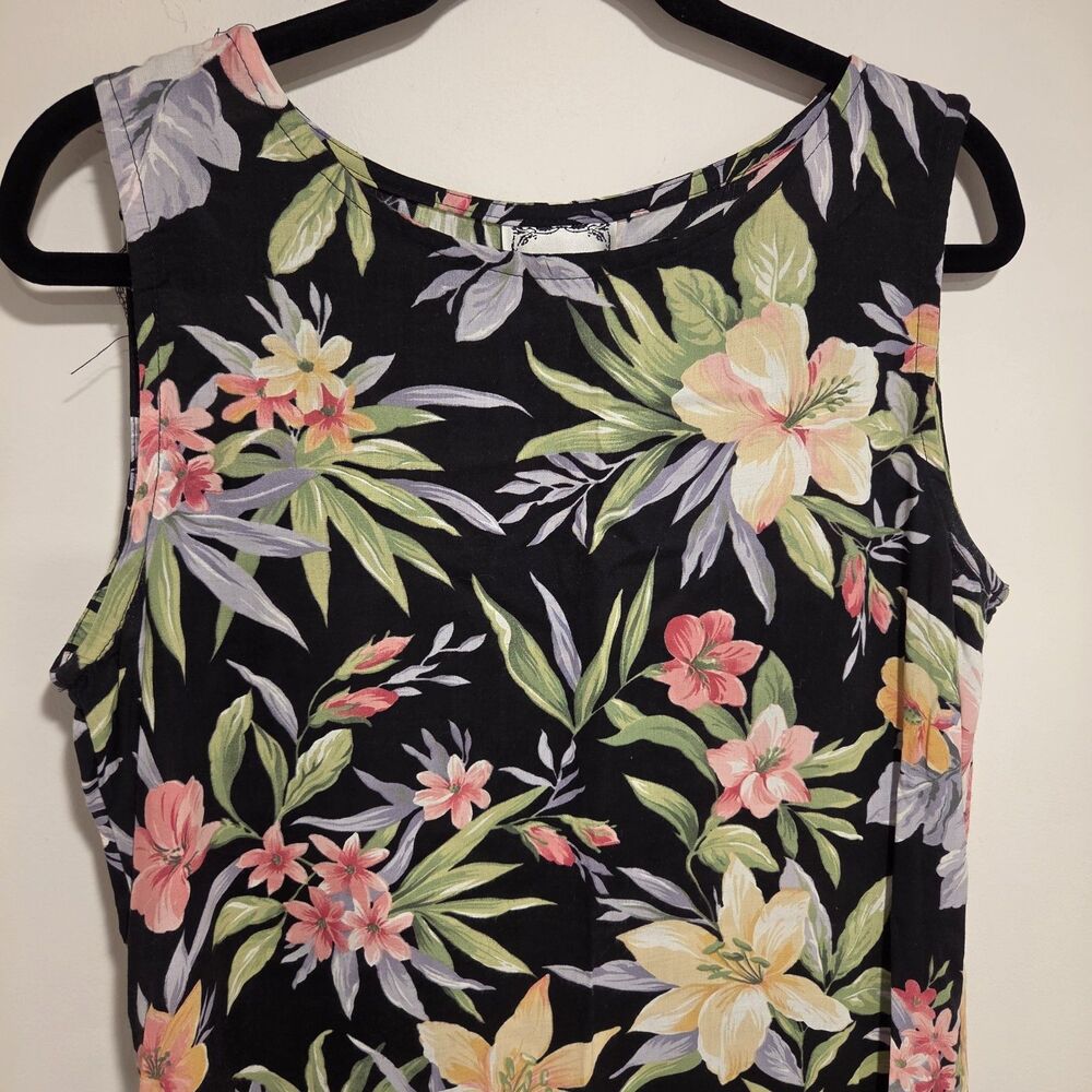 Vintage Floral Shift Dress L Black Sleeveless Midi Rayon Woven Pullover Tropical - Picture 2 of 8
